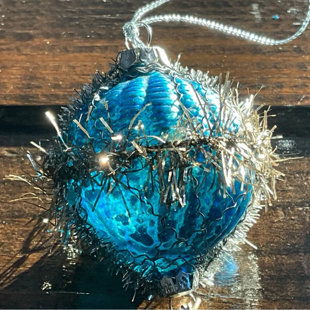 Unique Blue Glass Ornament with Wire Tinsel Beads